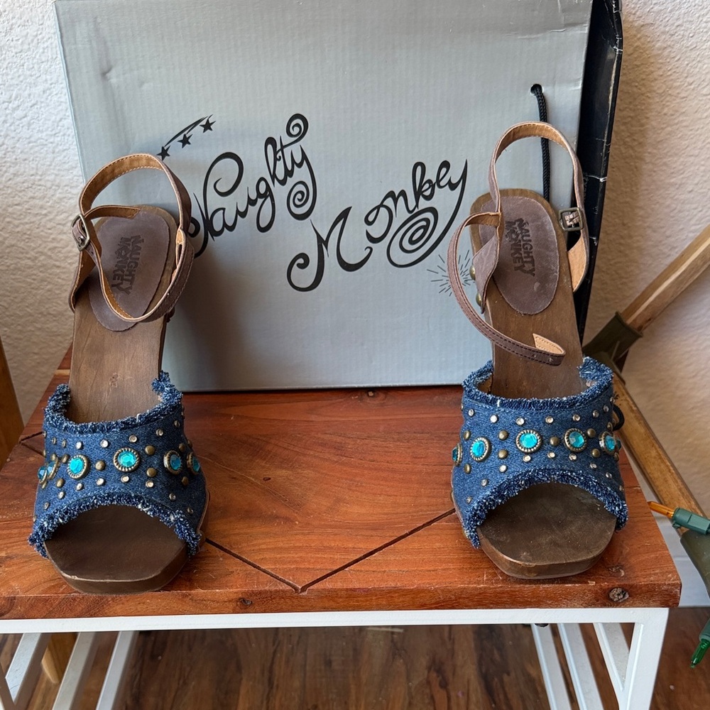 naughty monkey Blue Denim Wedge Sandals with Turquoise Studs